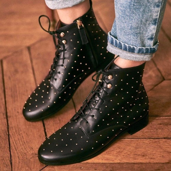 Sezane Eugenie Black Leather Studded Boots